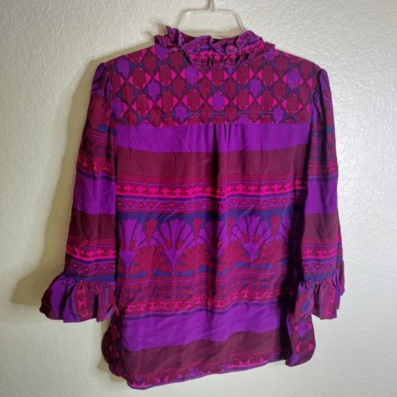 Tory Burch Silk Geometric Print Ruffle High V Neck 3/4 Tunic Blouse Top Sz 6 - Picture 10 of 12
